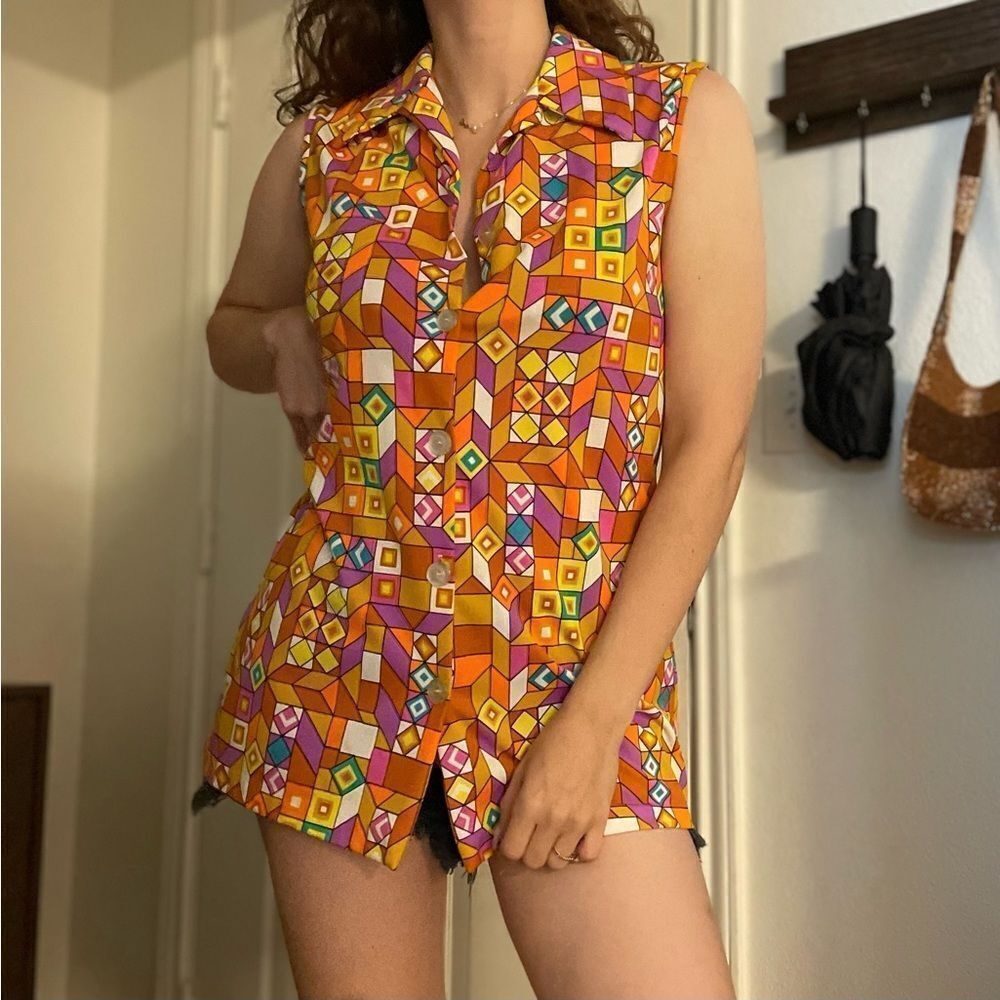 VINTAGE 60/70s Funky Retro Groovy Geometric Bright‎ Button Up Shirt